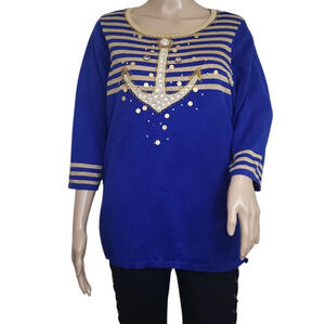 Quacker Factory Women's Blue Gold Nautical Achor Beaded Sequin Knit Top